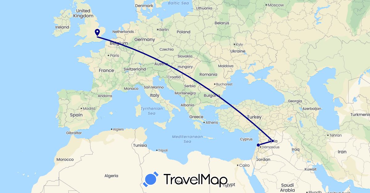 TravelMap itinerary: driving in United Kingdom, Lebanon, Syria (Asia, Europe)